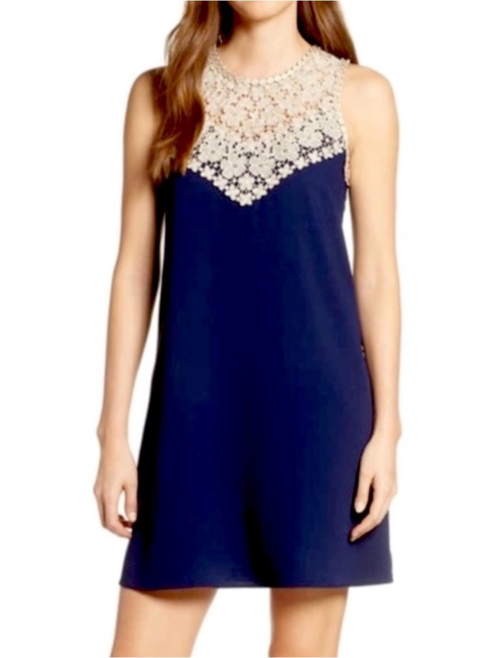 Lilly Pulitzer Size 0 Navy and Gold Nala Shift Dress with Gokd Lace Yoke